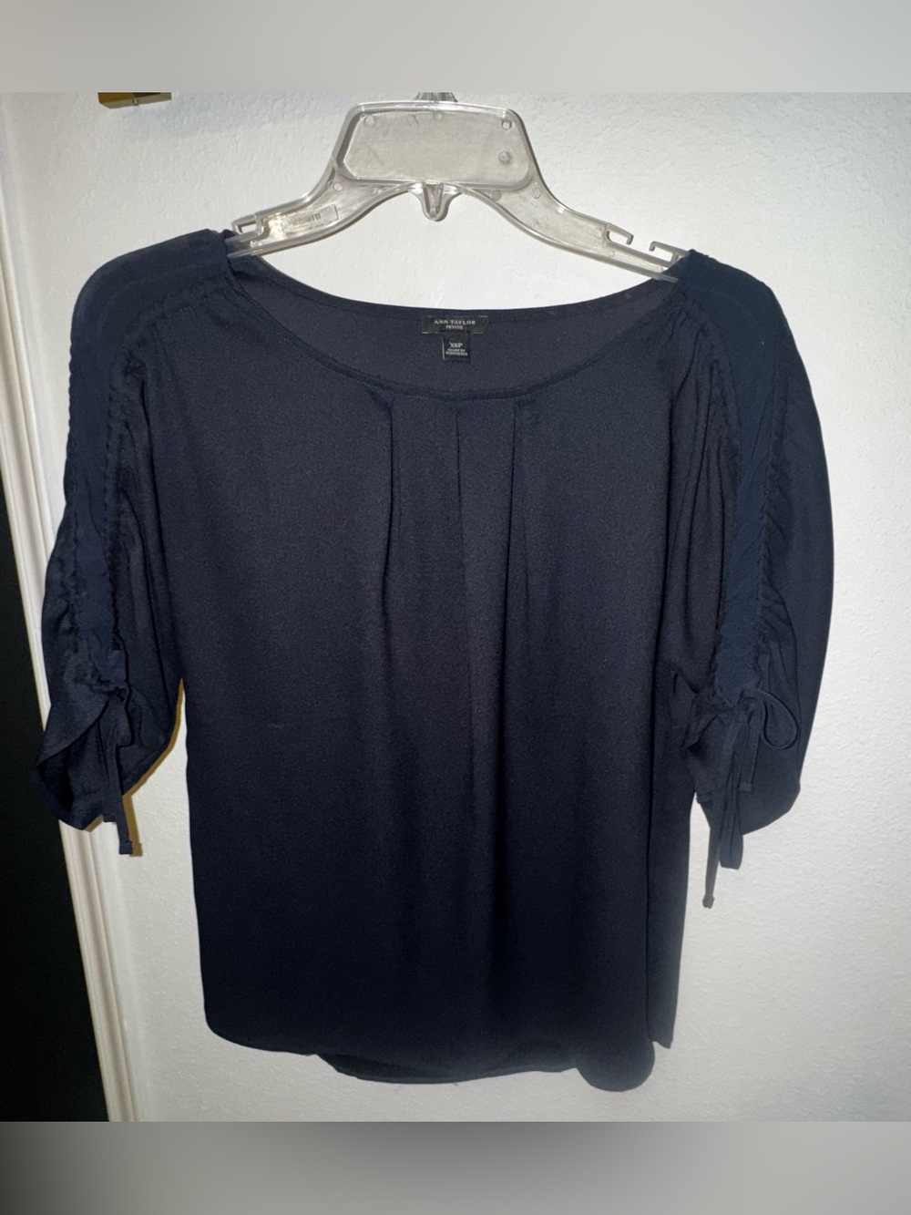 Ann Taylor Navy Tie-Sleeve Peasant Top